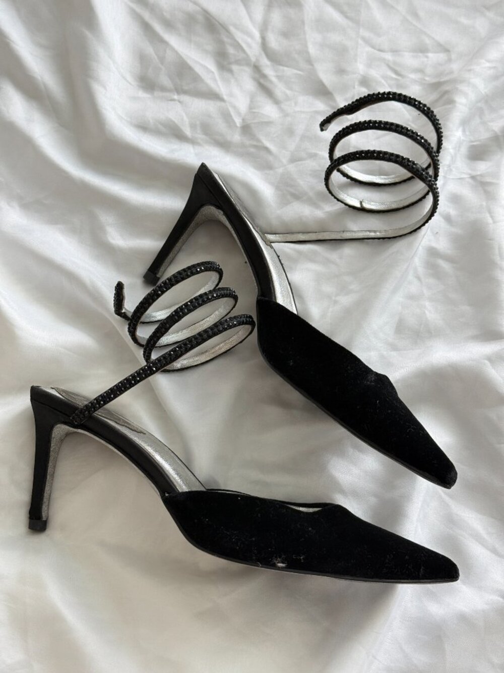 René Caovilla Black Velvet Crystal Spiral Ankle Strap Pumps Size 37